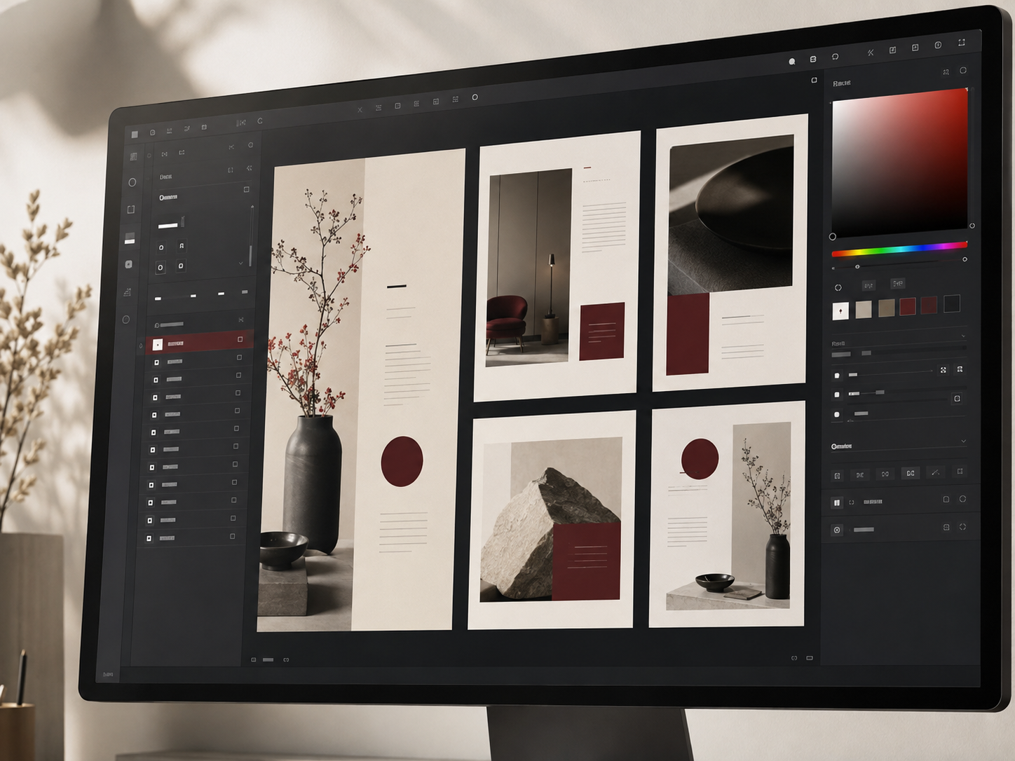 Editorial brand templates being customized in a professional design workspace
