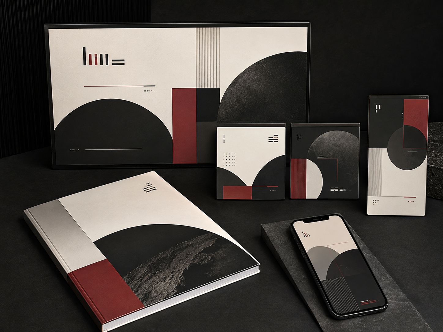 A coordinated visual identity applied across presentation, social, mobile and print formats
